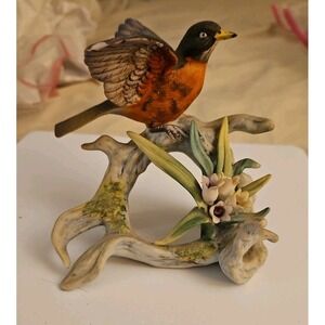 Vintage Lefton Robin Figurine on Bare Branch w/ Flowers KW440 Hand Painted (135)